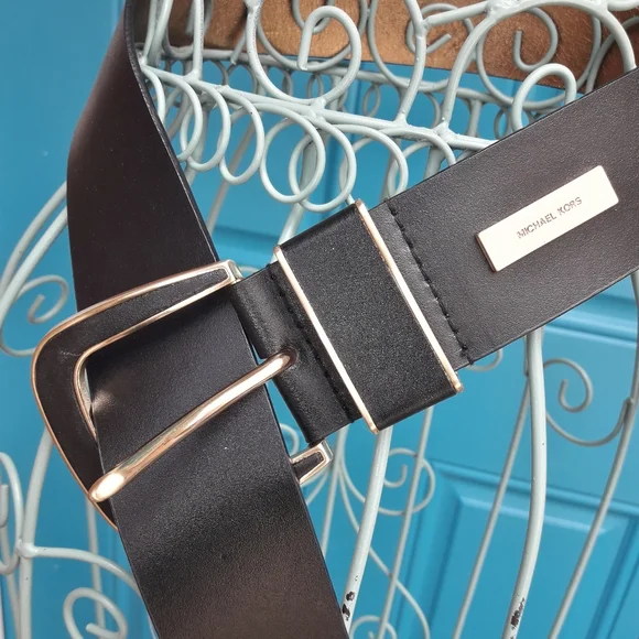 MK Genuine Leather Belt Wide Black Belt Classic Wardrobe Keeper Michael Kors - Picture 1 of 14